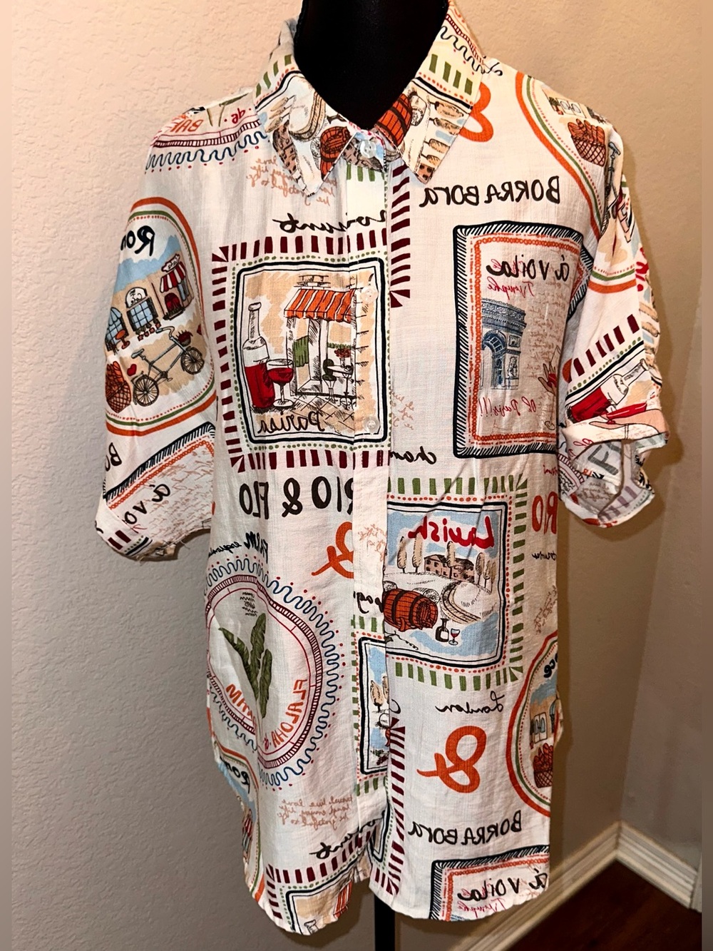 Milk & Honey Bora Bora Travel Print Button Up Shirt Women’s Large